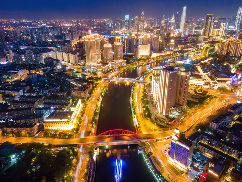 航拍天津都市风光夜景