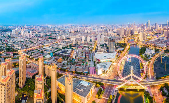 航拍天津市容市貌夜景