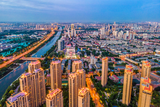 航拍天津市容市貌夜景