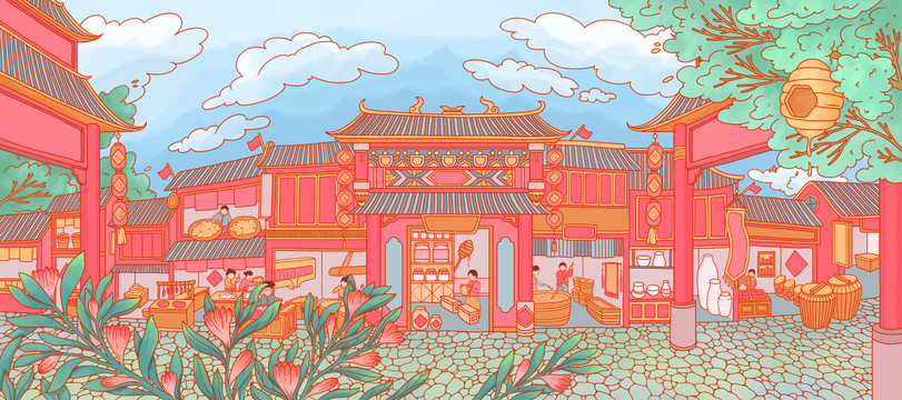 手绘中国风街景建筑场景插画
