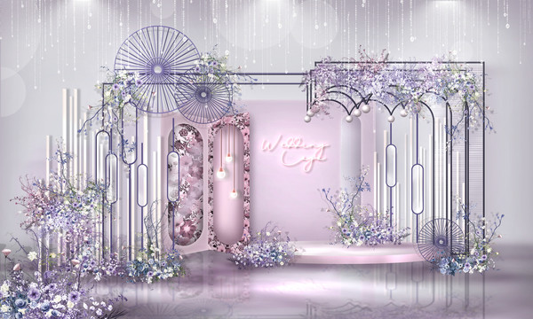 灰粉紫色简约开业婚礼背景效果图