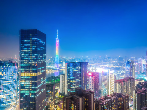 航拍广州建筑景观天际线夜景