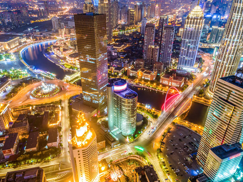 航拍天津城市建筑景观夜景