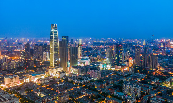 航拍天津城市建筑全景大画幅夜景