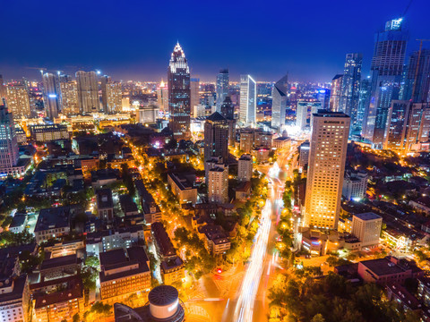 航拍天津城市建筑夜景