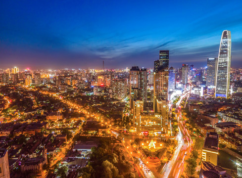 航拍天津城市建筑夜景