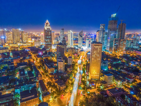 航拍天津南京路摩天大楼夜景