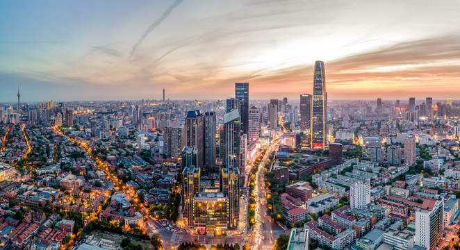 航拍天津城市建筑景观天际线夜色