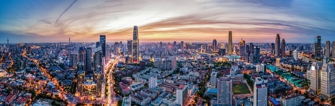 航拍天津建筑景观天际线夜色