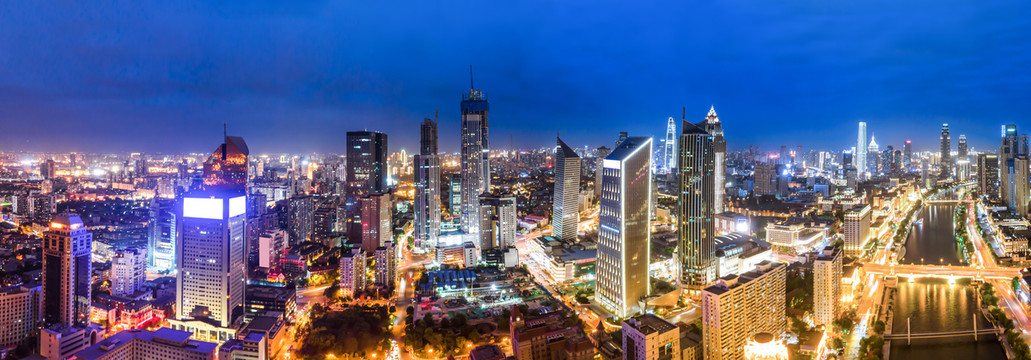 航拍天津建筑景观天际线夜景