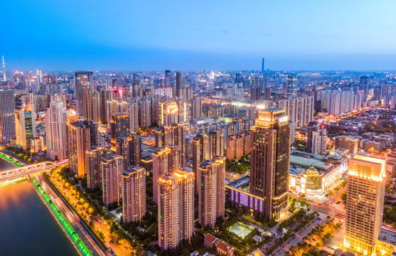 航拍天津城市建筑景观夜景