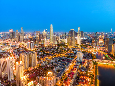 航拍天津城市风貌夜景