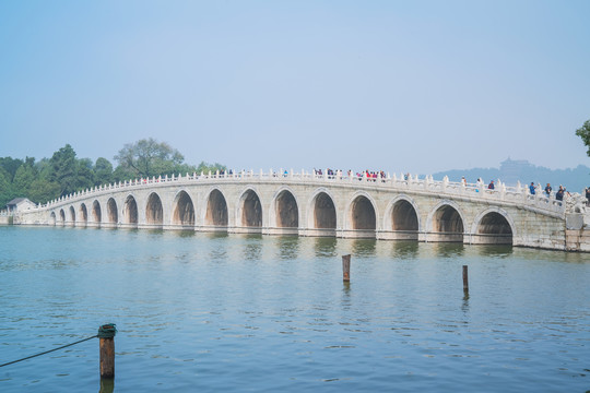 北京颐和园十七孔桥和昆明湖风光
