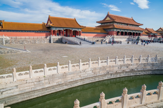 北京故宫古建筑和金水桥和金水河