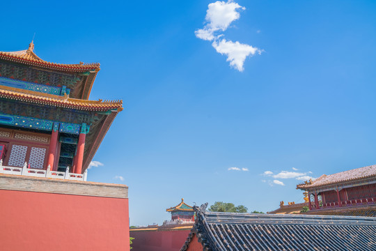 仰拍北京故宫古建筑古城墙的局部