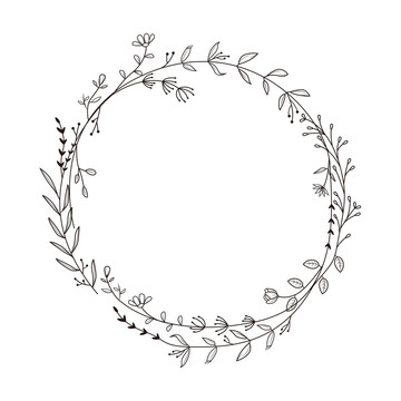 黑白线框填色植物花卉花环