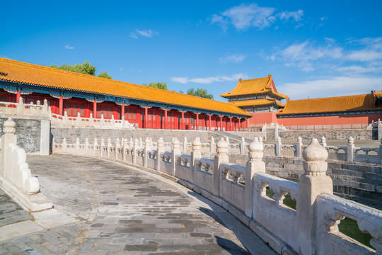 北京故宫古建筑和金水桥和金水河