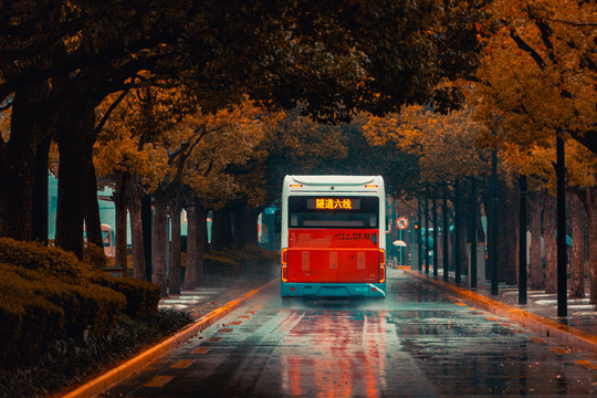 雨中公交车