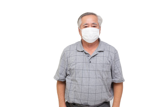 亚洲高手戴2019冠状病毒疾病保护面罩，白色背景。安全防护口罩户外环境意识或病毒传播观念