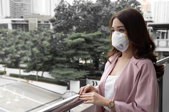 戴着鼠疫冠状病毒防护面罩的亚洲妇女。安全防护口罩户外环境意识或病毒传播观念