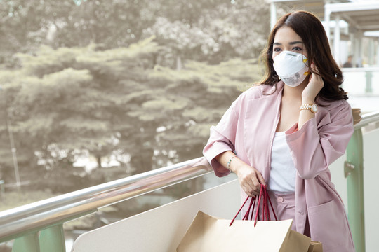 戴着鼠疫冠状病毒防护面罩的亚洲妇女。安全防护口罩户外环境意识或病毒传播观念