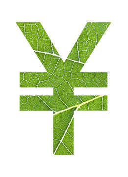 绿叶背景的人民币符号