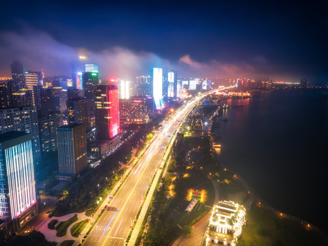 航拍青岛西海岸城市风光夜景