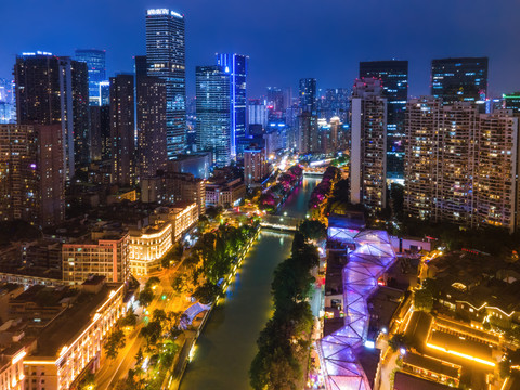 航拍四川成都城市建筑景观夜景