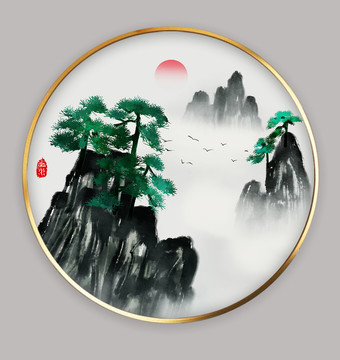 新中式国画水墨山水小品壁画