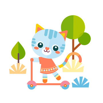 可爱的卡通矢量小猫在郊外骑滑板