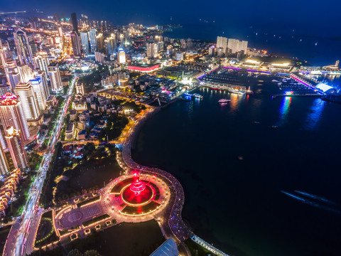 航拍青岛海岸线湾区建筑景观夜景