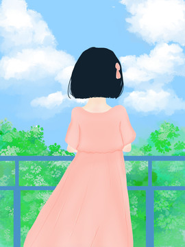 女孩背影蓝天白云阳台树绿叶