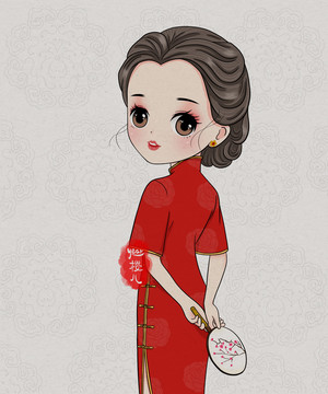 手绘红色古典旗袍女孩