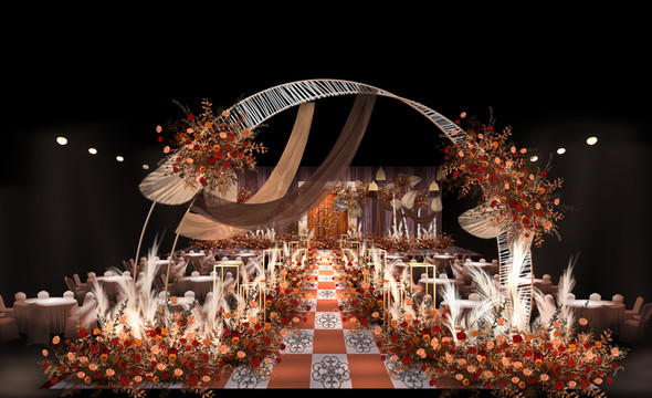 红橙色仪式区婚礼手绘效果图