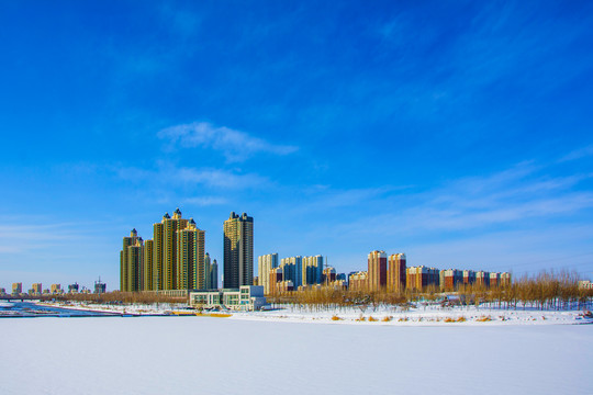 高层建筑群小白楼树林河道雪景