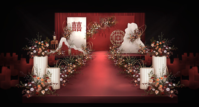 红色新中式民国风婚礼效果图