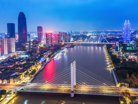 航拍宁波城市风貌夜景