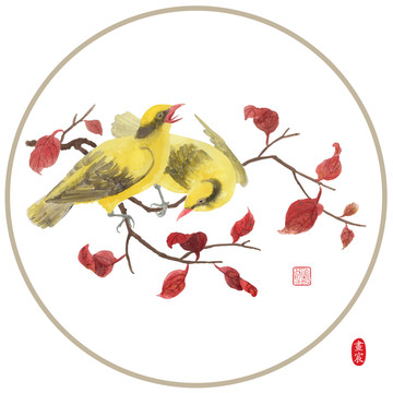 红叶双鹂花鸟装饰画