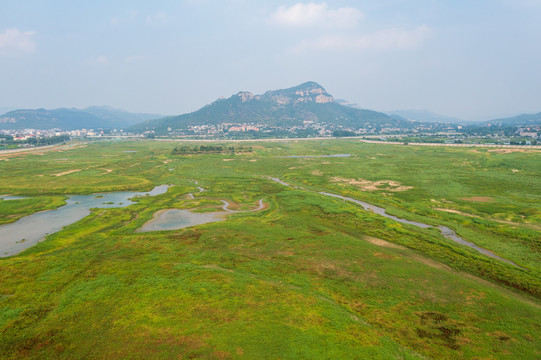 航拍济南卧虎山水库变身大草原