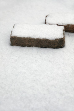 地面上的砖头和一层雪