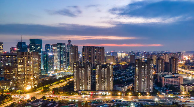 航拍杭州城市现代建筑夜景