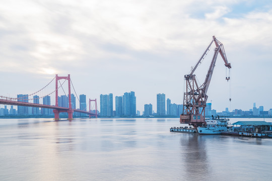 武汉鹦鹉洲长江大桥和港口码头