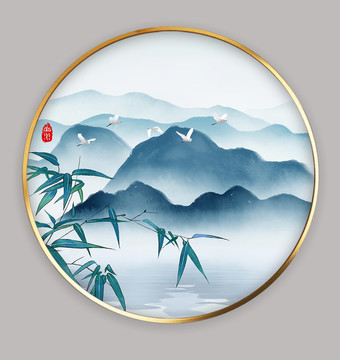 现代中式简约意境山水圆框装饰画