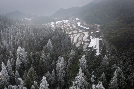 浙江丽水大山峰雪景山路