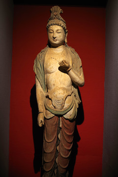 古代木雕彩绘菩萨像