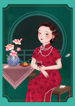 卡通插画品酒的旗袍女人