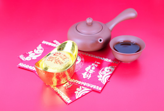 红包上的金元宝和喝茶茶具