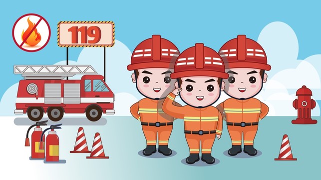 卡通消防员救援团队矢量插画