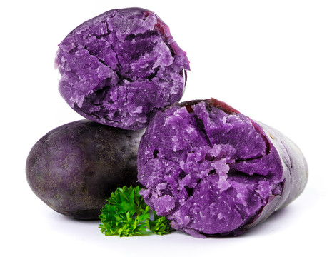 白底上放着黑紫马铃薯