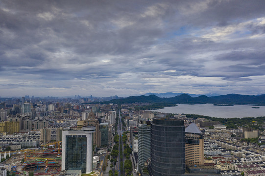 航拍杭州西湖城市街景